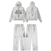 Hellstar Holy Cross Flame Graphic Hoodie & Pants Set - Grey Streetwear Tracksuit